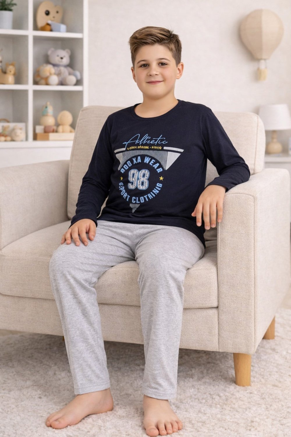 Erkek Çocuk Pijama Takımı Baskılı Uzun Kollu Üst Uzun Alt