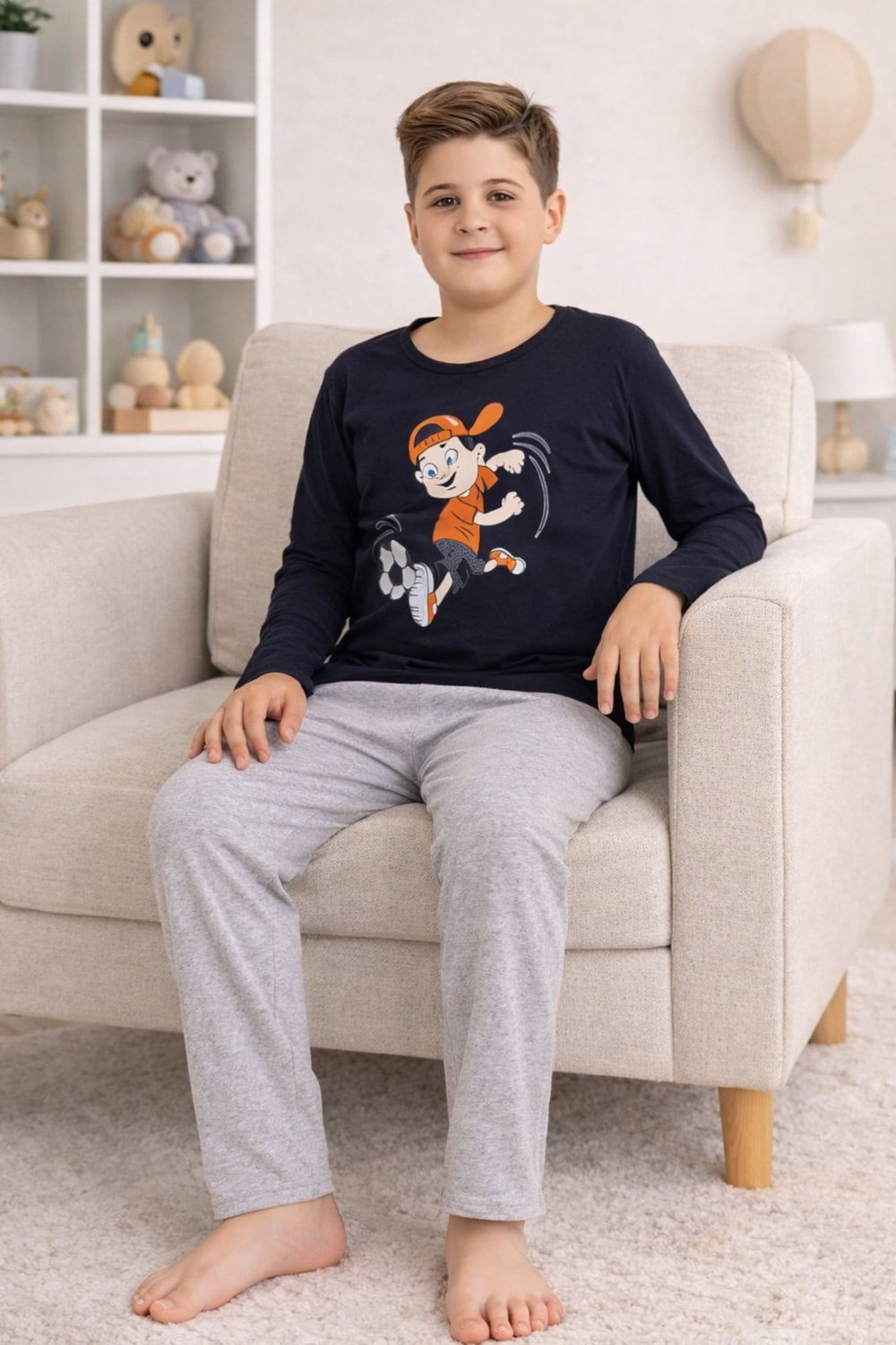 Erkek Çocuk Pijama Takımı Baskılı Uzun Kollu Üst Uzun Alt