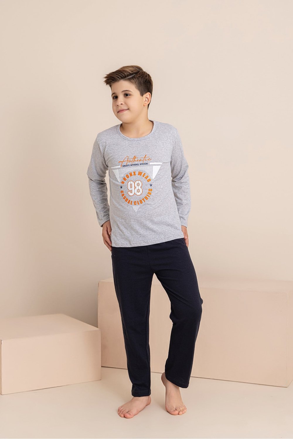 Erkek Çocuk Pijama Takımı Baskılı Uzun Kollu Üst Uzun Alt