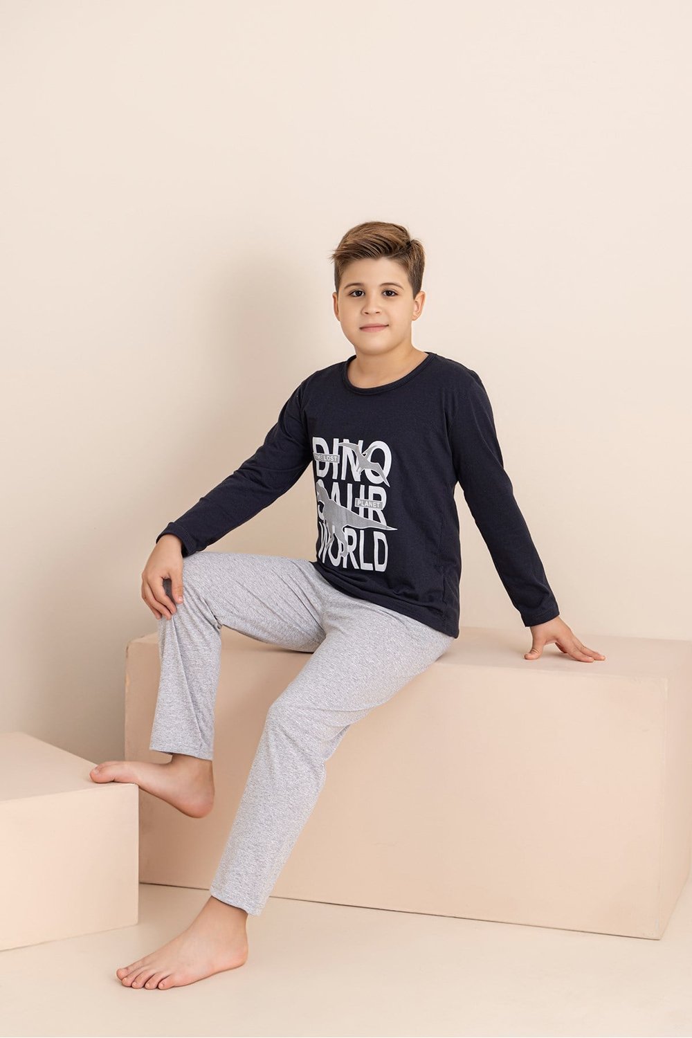 Erkek Çocuk Pijama Takımı Baskılı Uzun Kollu Üst Uzun Alt