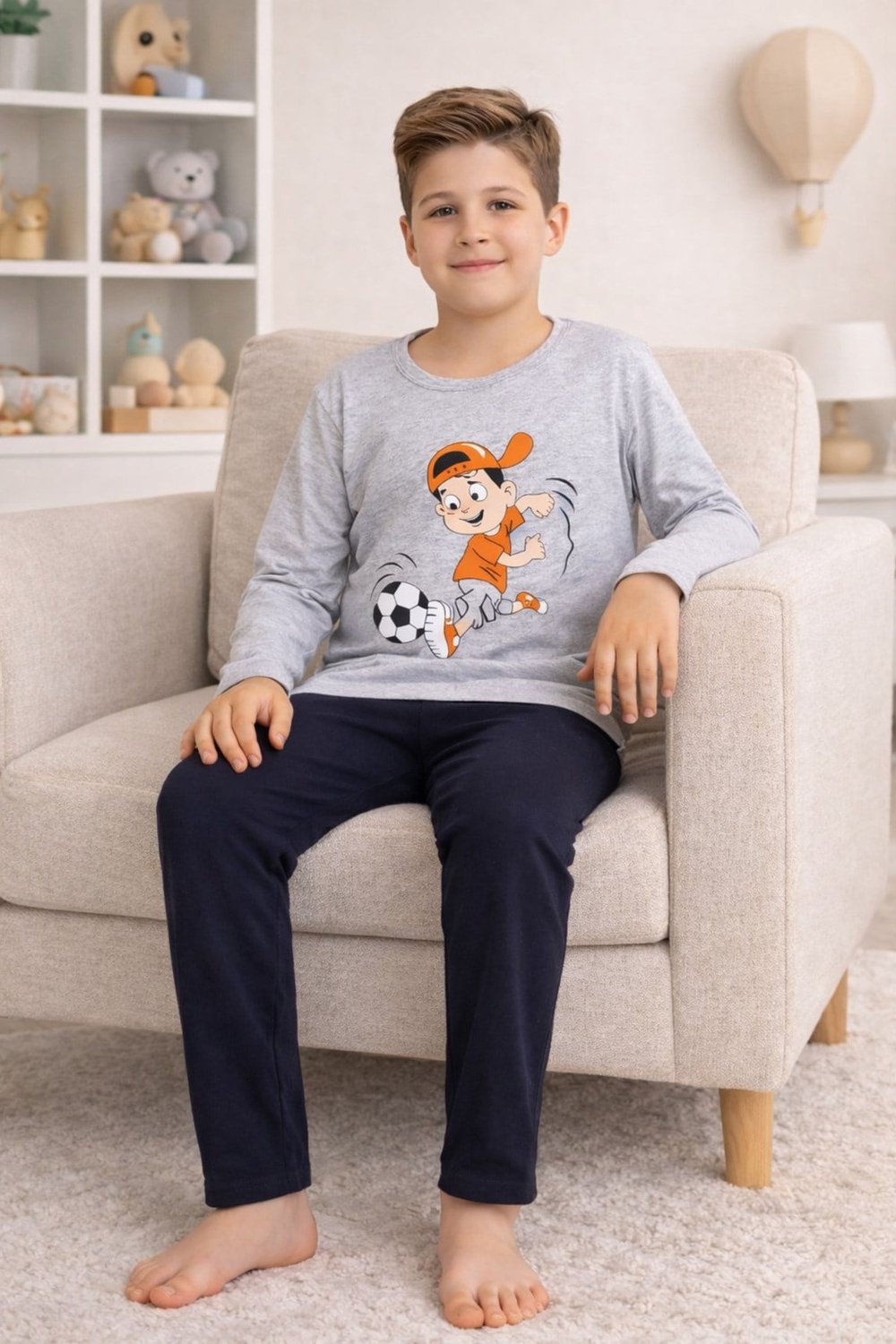 Erkek Çocuk Pijama Takımı Baskılı Uzun Kollu Üst Uzun Alt