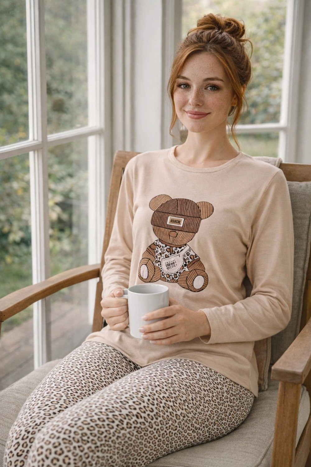 Kadın Ayıcık Baskılı Süprem Uzun Kol Pijama Takımı