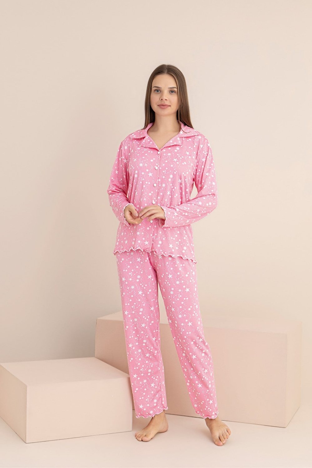 Kadın Desenli Milan Örme Yıldız Desenli Uzun Kol Kadın Düğmeli Pijama Takımı