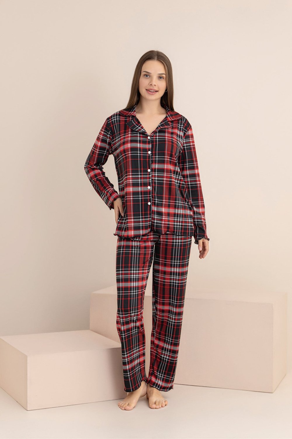 Kadın EKOSE Desenli Milan Örme Uzun Kol Kadın Düğmeli Pijama Takımı