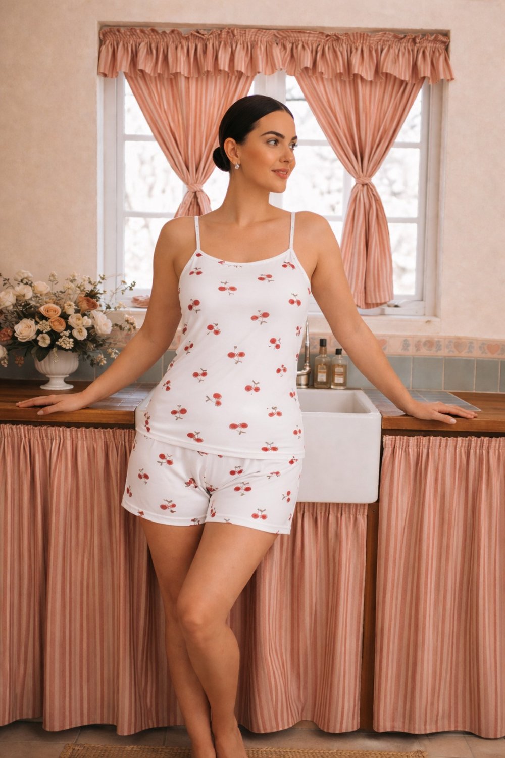 Kadın Milan İp Askılı Şortlu Pijama Takımı Desenli