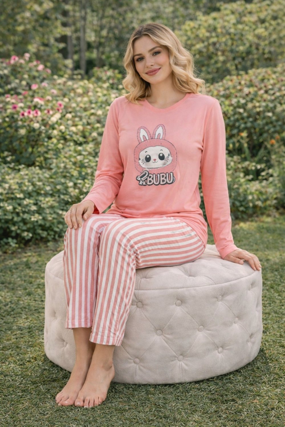 Kadın Süprem Labubu Baskılı Uzun Kol Pijama Takımı