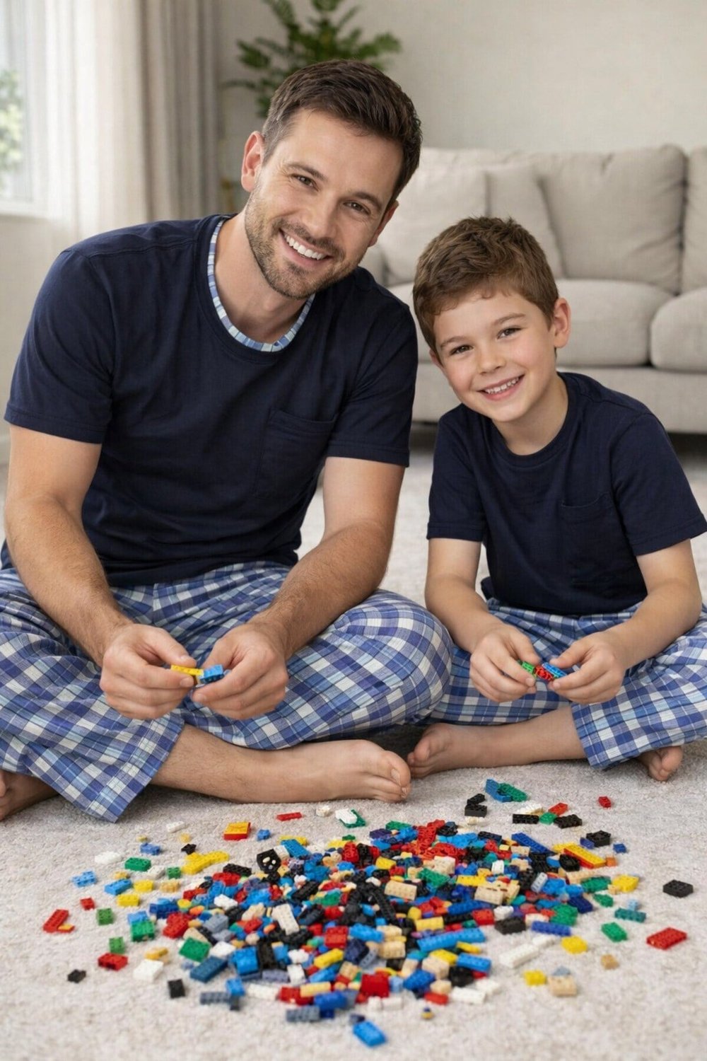 Lacivert Kısa Kol Baba-Oğul Cepli Pijama Takım