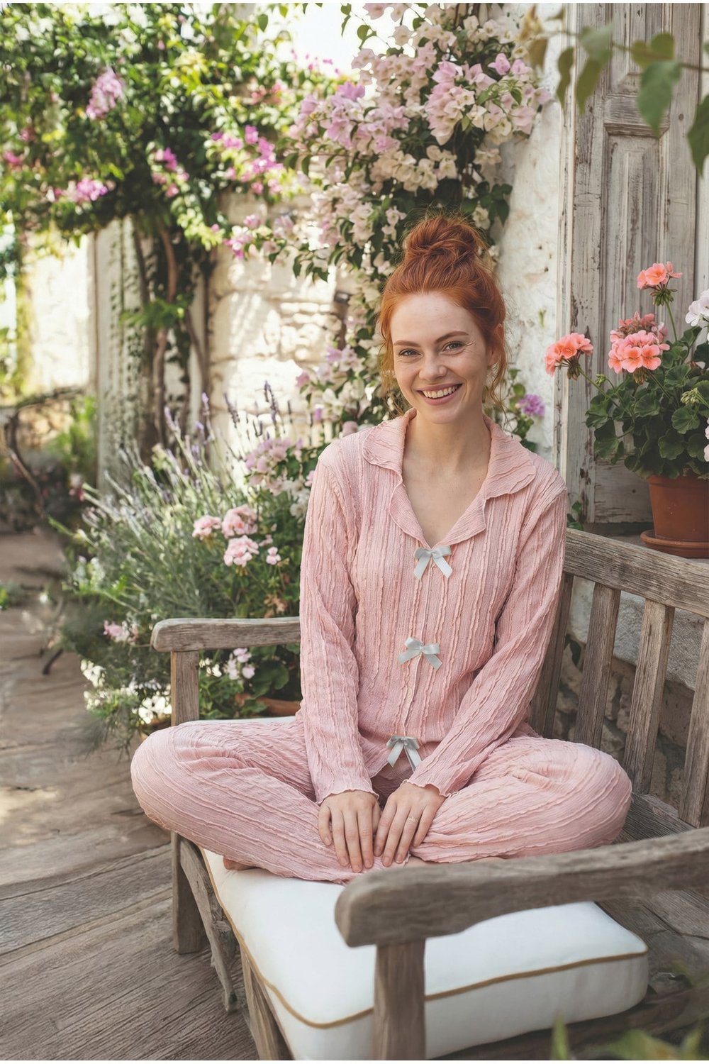 Pembe Bürümcük Kumaş Fiyonk Detaylı Uzun Kollu Pijama Takımı