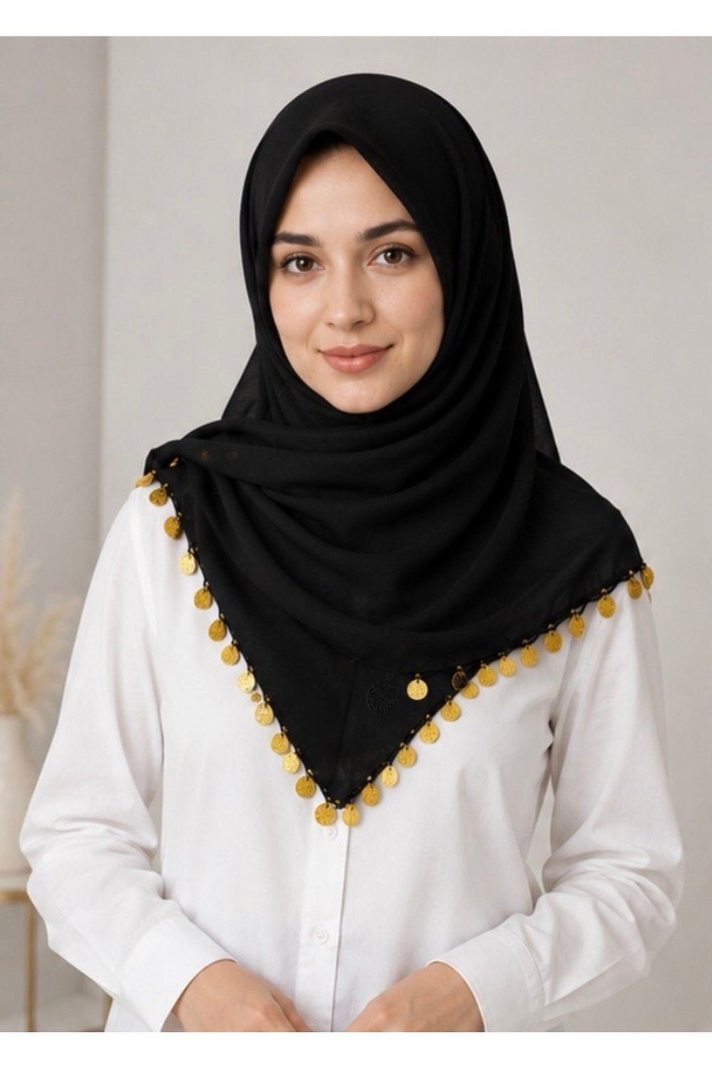 Siyah-Gold pul detaylı pamuklu Tülbent-Çeyiz-Bohça-Mevlüt-günlük kullanıma uygun.