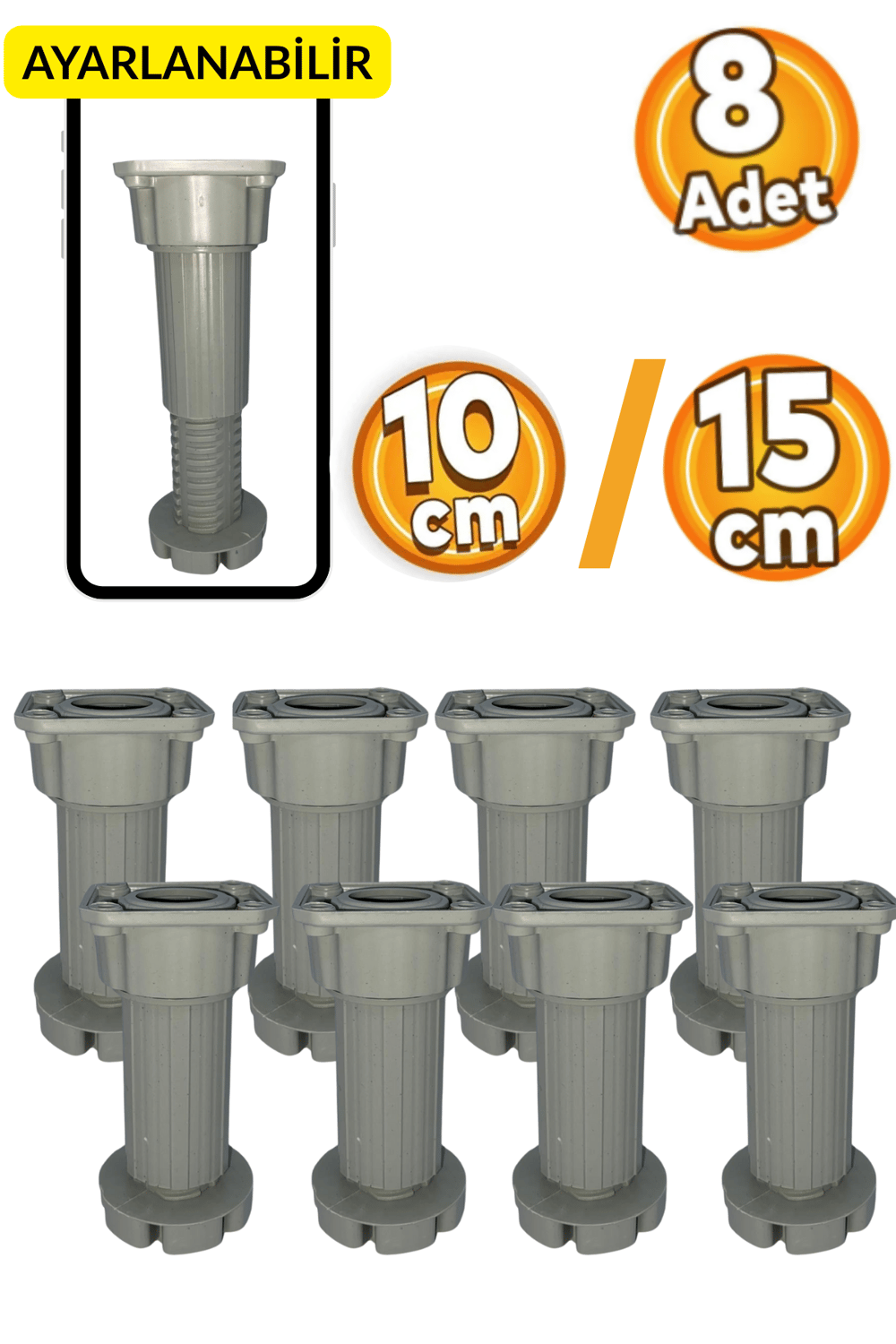 10-15cm Ayarlı Mobilya Ayağı | Baza, Mutfak Banyo Dolabı, Koltuk/Kanepe Yüksek Ayak - 8 ADET