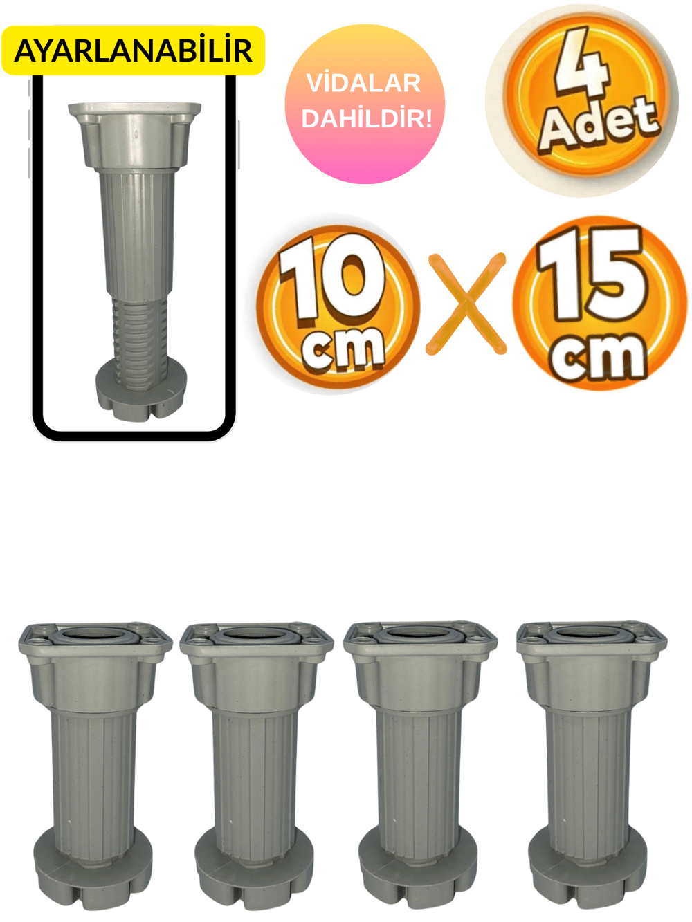 10-15cm Ayarlı Mobilya Ayağı | Baza, Mutfak Banyo Dolabı, Koltuk/Kanepe Yüksek Ayak