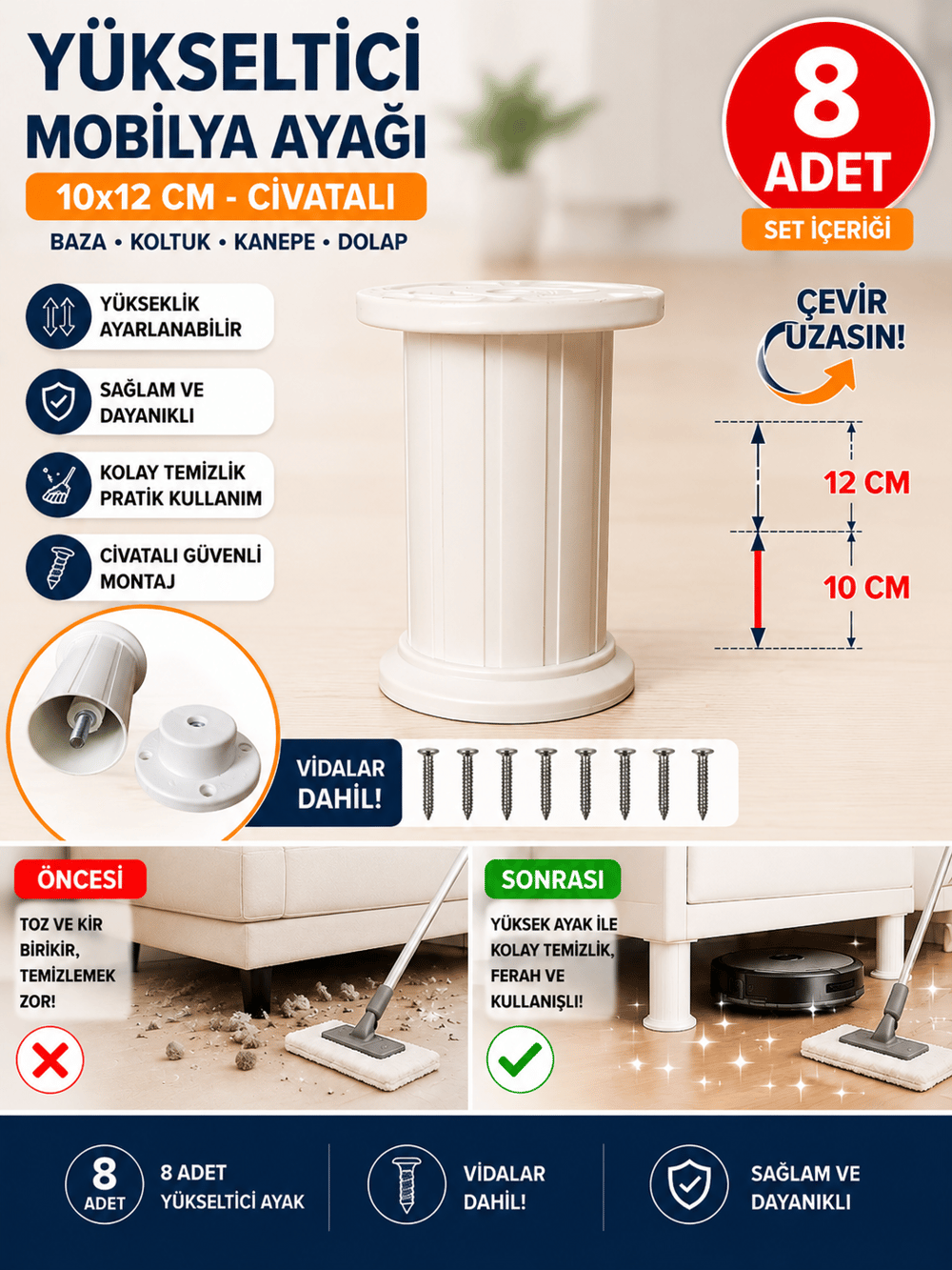 10x12 Cm Mobilya Kanepe Koltuk Baza Yükseltme Yükseltici Civatalı Destek Ayağı Ayakları - 8li