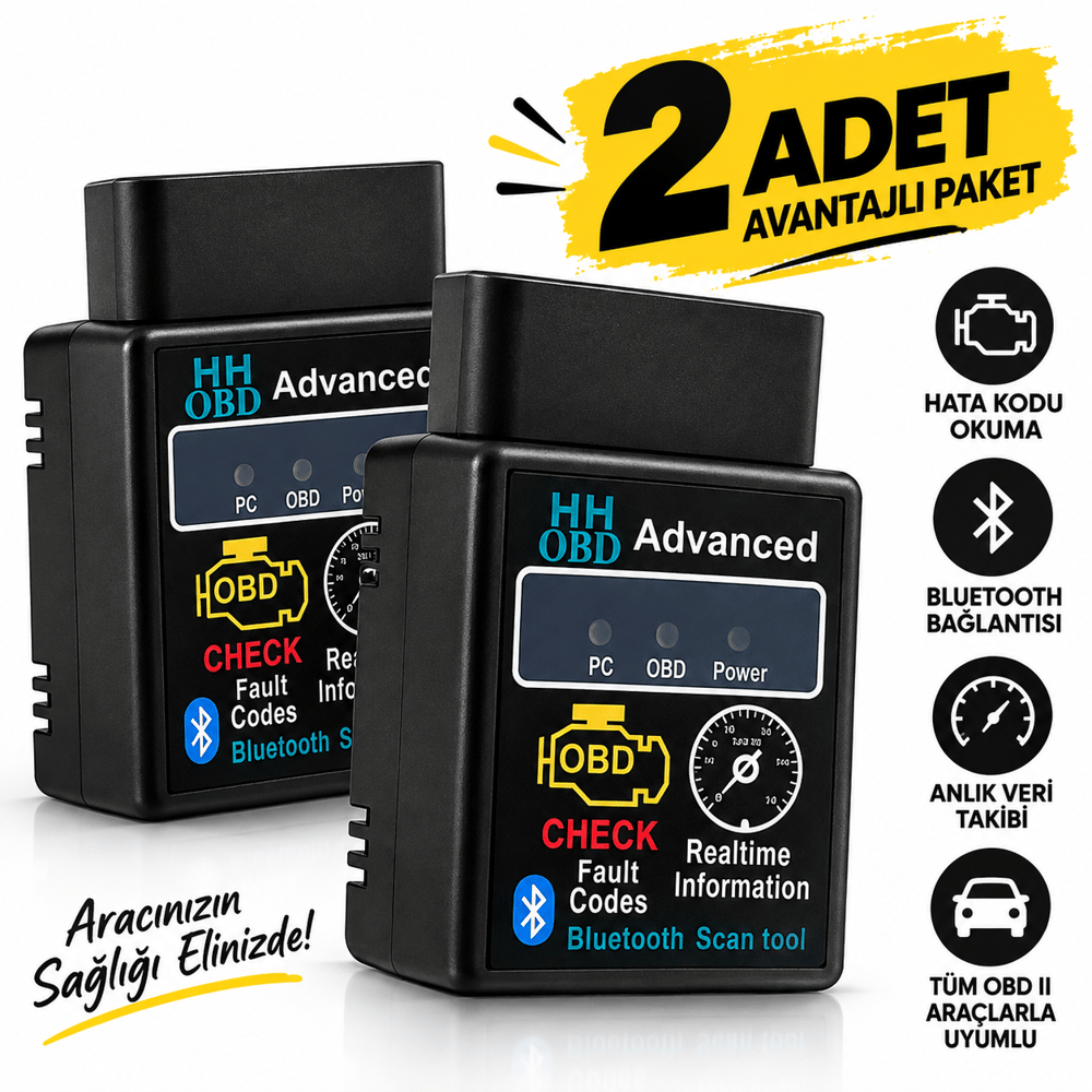 2'li Bluetooth OBD2 Arıza Tespit Cihazı – Araç Arıza Kodları Okuyucu, OBD2 Tarayıcı, Gerçek Zamanlı Veri Takibi