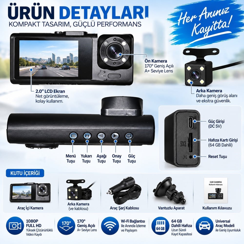 3 Kameralı Araç İçi Kamera WiFi 1080P Full HD Gece Görüşlü G-Sensör Dashcam