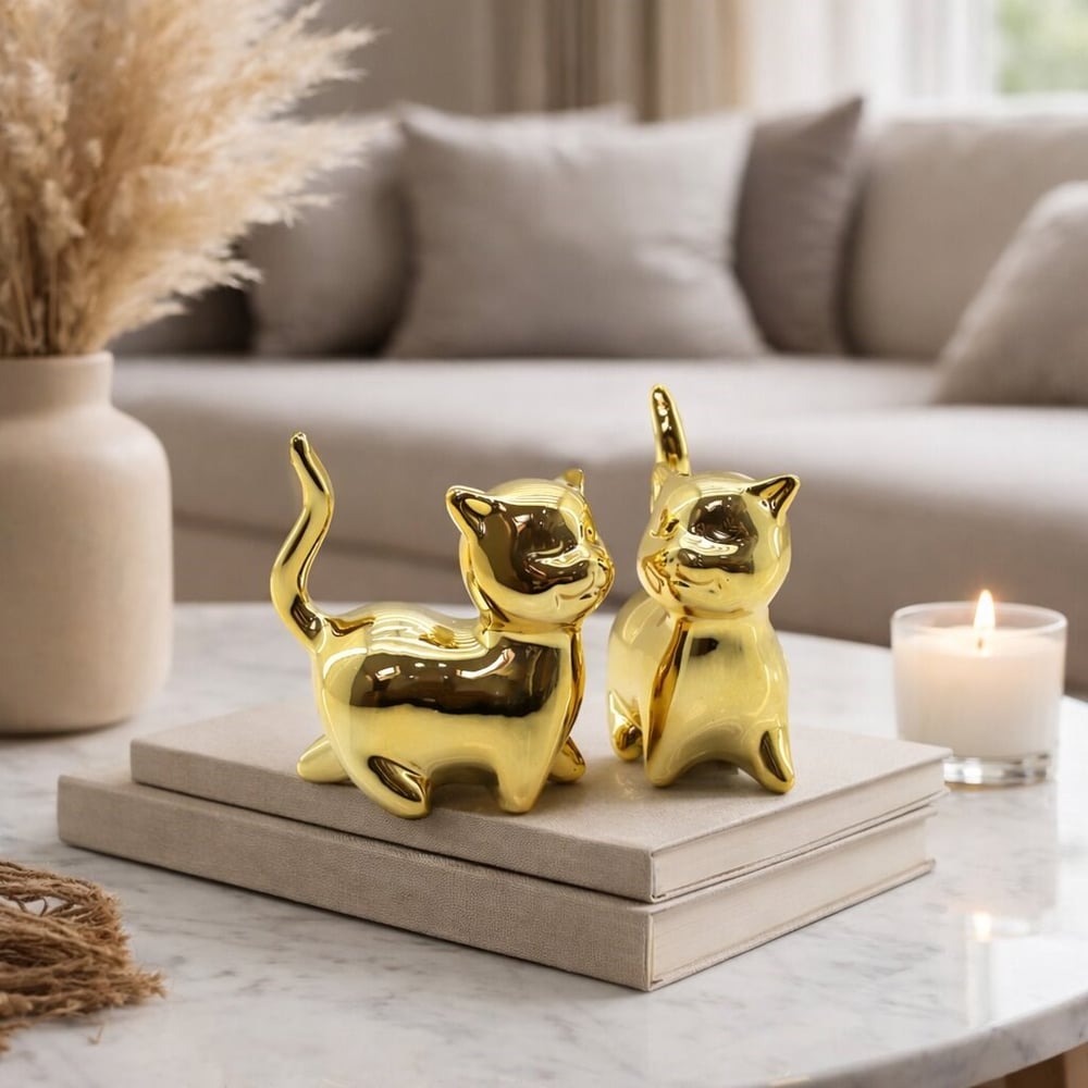 Kedi Tasarımlı Biblo - Büyük Boy - Seramik - Parlak Altın