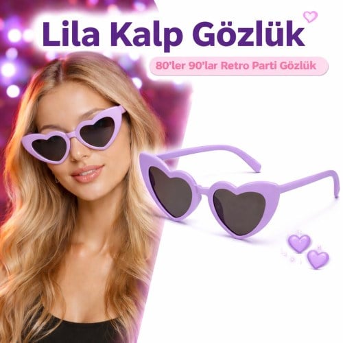 Mor Lila Retro Kalp Gözlük – 80’ler 90’lar Stil Parti Gözlüğü