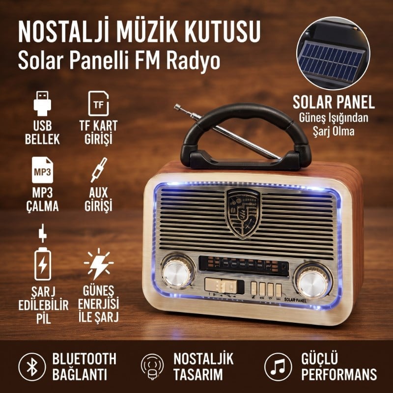 Solar Panelli LED Fenerli FM Radyo - Nostaljik Tasarım - Şarjlı - Bluetooth Özellikli