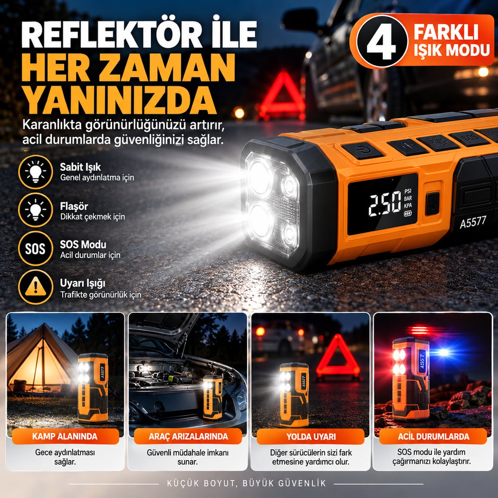 A5577 4'ü 1 Arada Akü Takviyeli Şarjlı Hava Pompası 8000 mAh - 14.4V 200 Amper Powerbank Dijital Led Fenerli Oto Kompresör