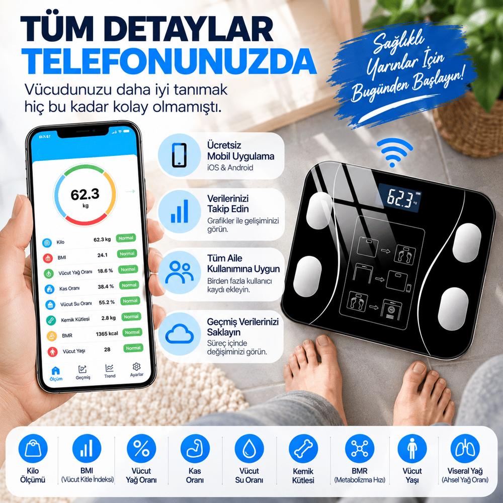 Akıllı Dijital Baskül Bluetooth Uygulama Kontrollü Vücut Kitle İndeksi Ölçer LCD Ekran Tartı 180 kg