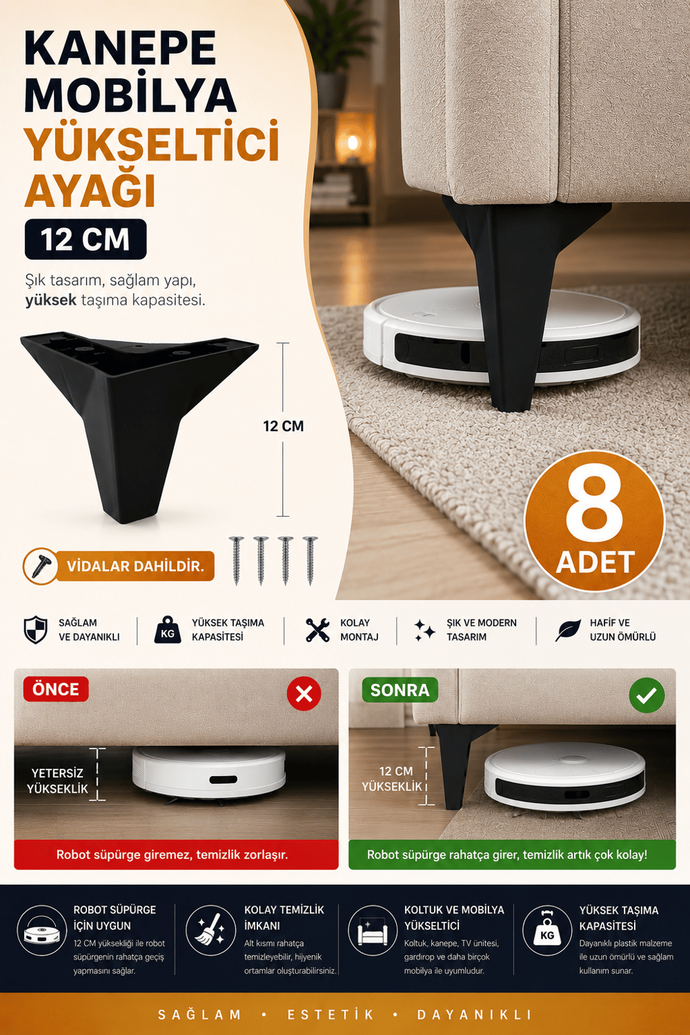Kanepe Mobilya Koltuk Tv Ünitesi Ayağı 12 Cm Siyah Plastik Yükseltici Ayak Ayakları - SİYAH - 8Lİ