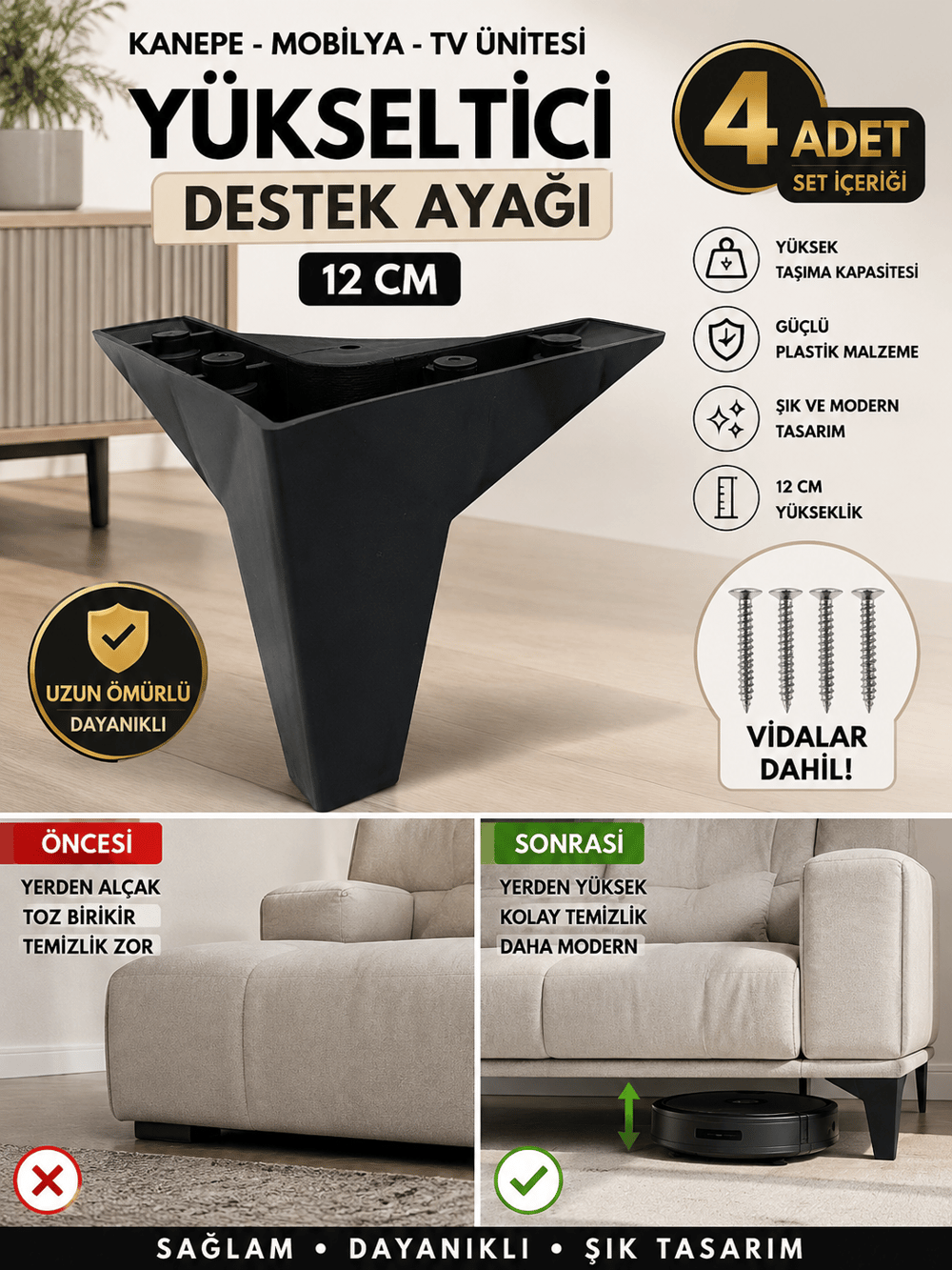 Kanepe Mobilya Koltuk Tv Ünitesi Ayağı 12 Cm Siyah Plastik Yükseltici Ayak Ayakları - SİYAH - 4ADET
