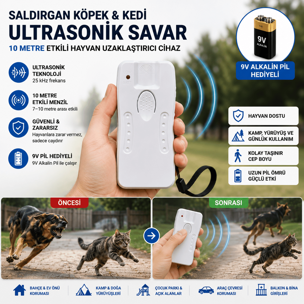 Saldırgan Köpek Kedi Ultrasonik Savar 10 Metre Etkili Uyarıcı