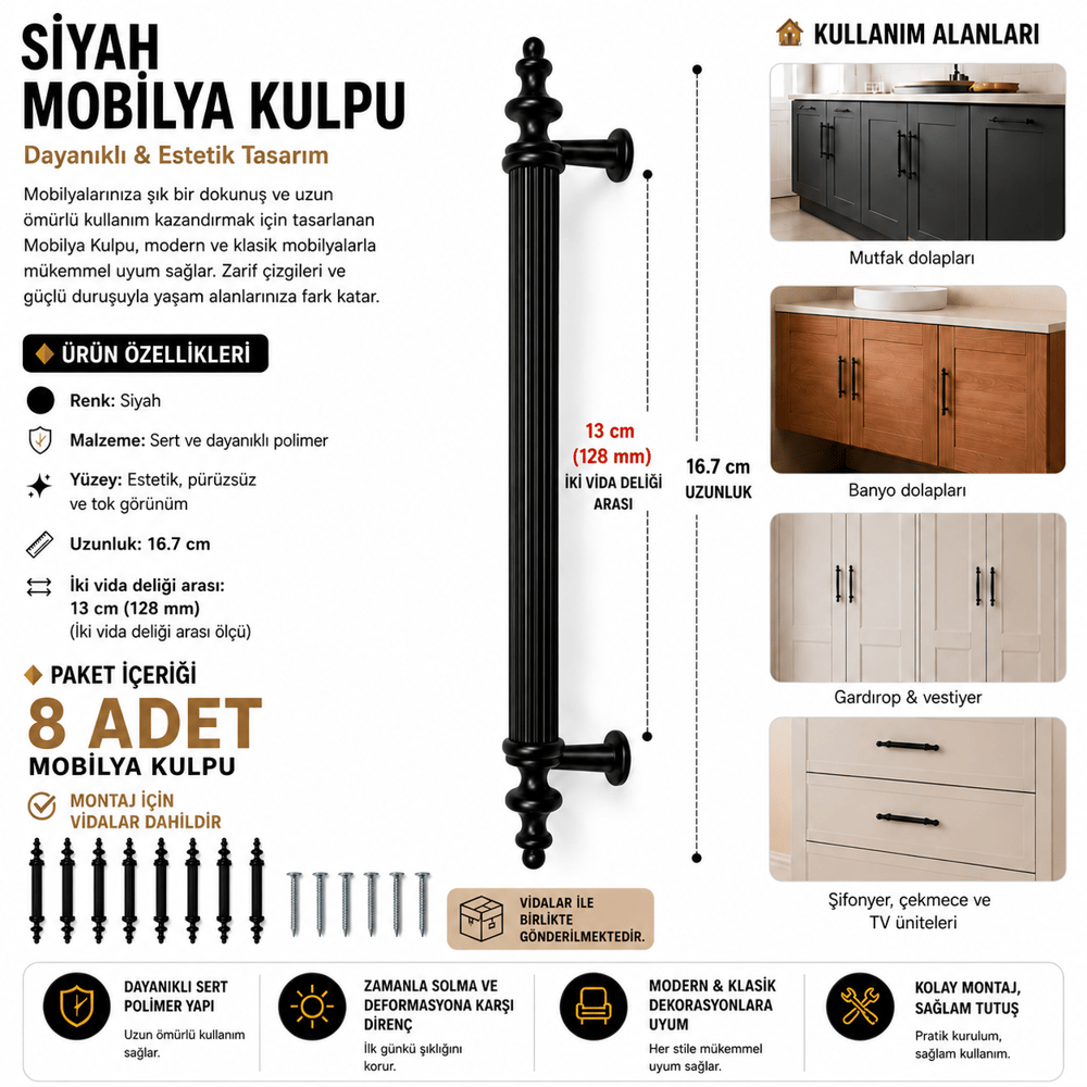 Siyah Dolap Çekmece Kulpu 128 mm Mobilya Mutfak Banyo Dolabı Kulpu - 8 ADET