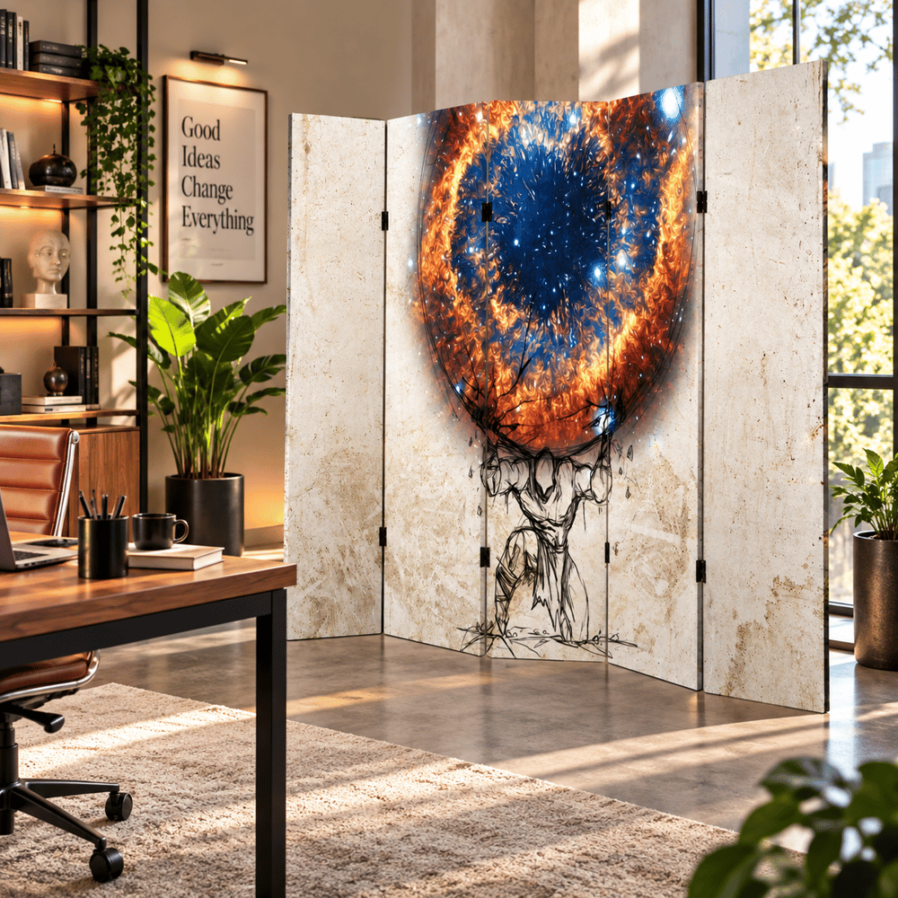 Kozmik Güç ve Atlas Temalı Dekoratif Paravan – Modern Sanat Oda Bölücü