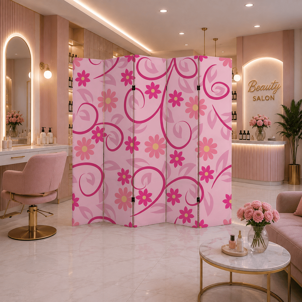 Pembe Çiçek Desenli Dekoratif Paravan – Güzellik Salonu ve Yaşam Alanları İçin Oda Bölücü