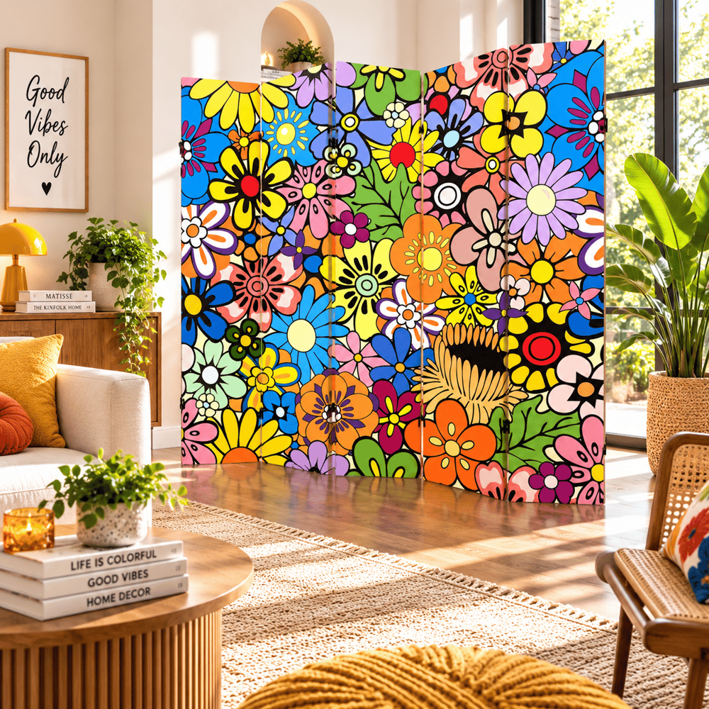 Renkli Retro Çiçek Desenli Dekoratif Paravan – Pop Art Oda Bölücü