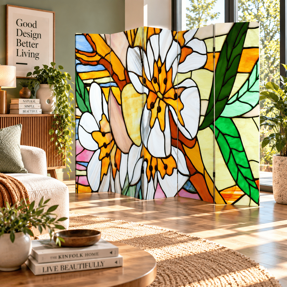 Vitray Çiçek Desenli Dekoratif Paravan