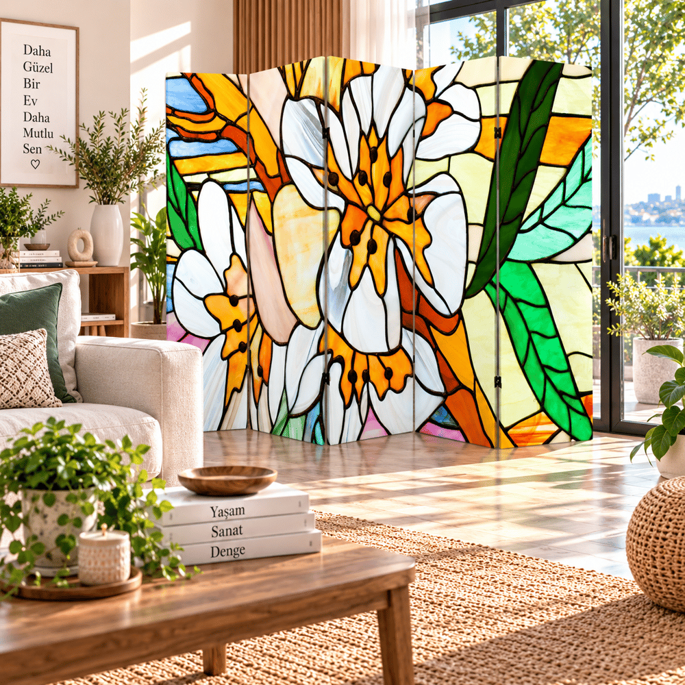 Vitray Çiçek Desenli Dekoratif Paravan