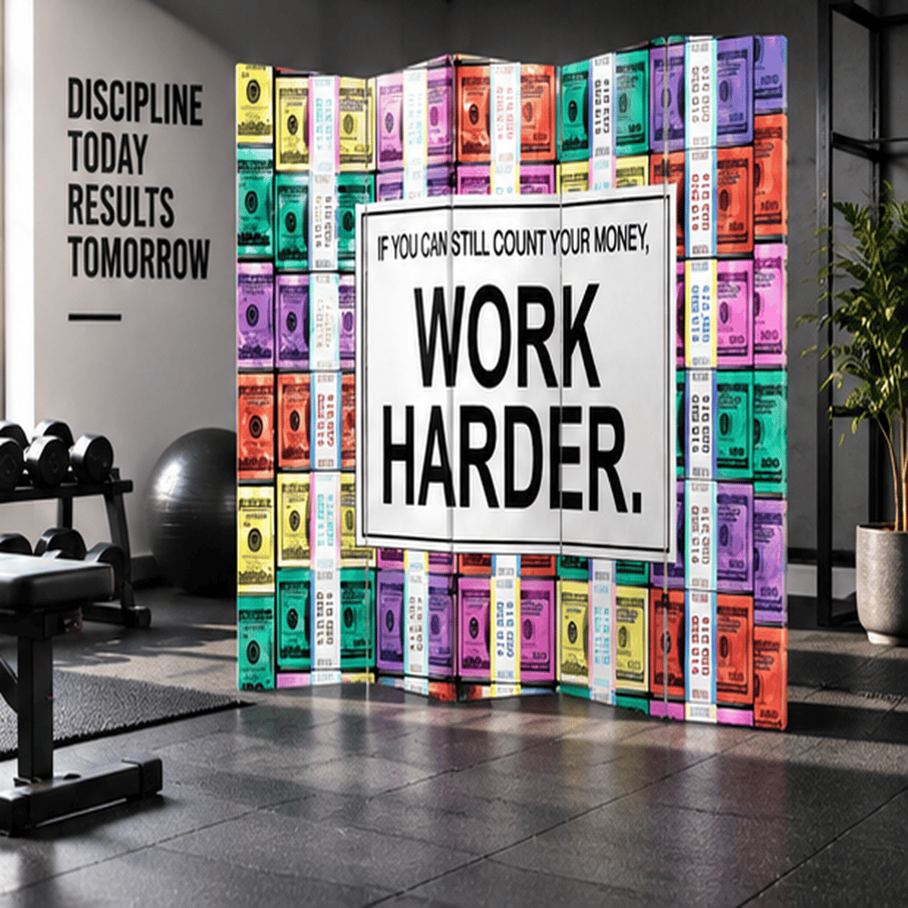 Work Harder Para Temalı Dekoratif Paravan – Motivasyon Tasarımlı Oda Bölücü