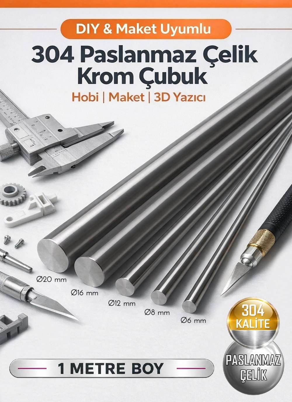 Krom Mil | 1 Metre Boylarda | Paslanmaz Çelik Çubuk Seti 