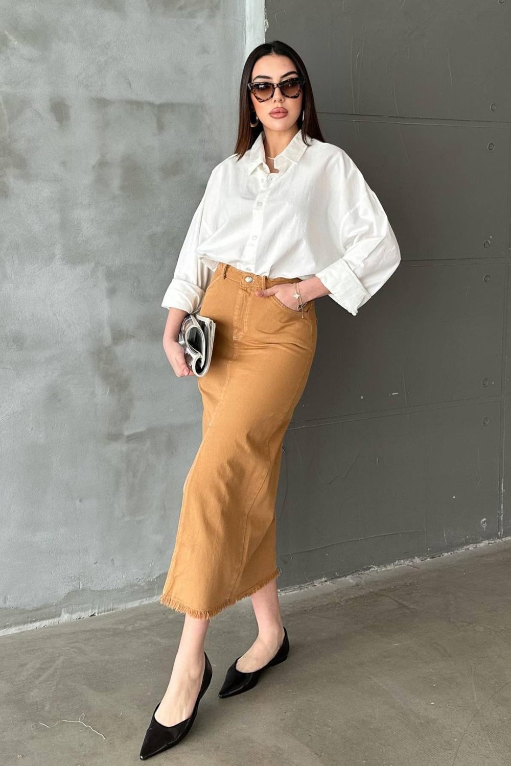 Camel Gabardin Boyamalı Püsküllü Etek