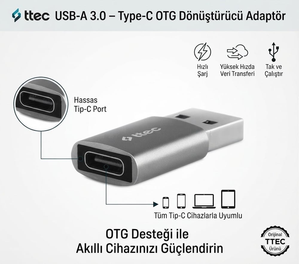 ttec USB-A 3.0 – Type-C OTG Dönüştürücü Adaptör