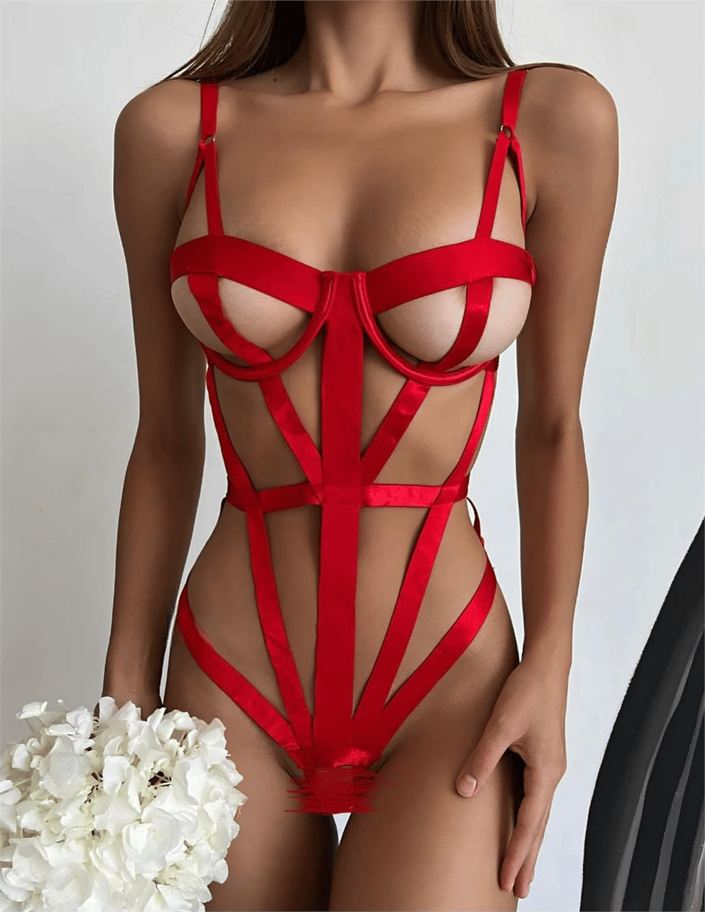 Strappy Şeritli Balenli Fantezi Body Takımı - Kırmızı