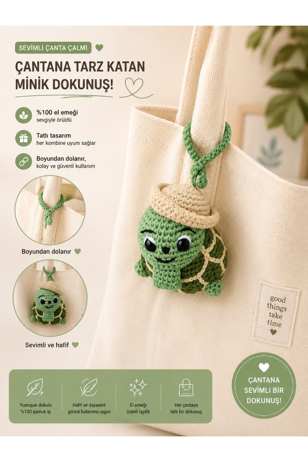Amigurumi Kaplumbağa Çanta Çalmı | El Yapımı Çanta Süsü | Boyundan Dolamalı Çanta Aksesuarı