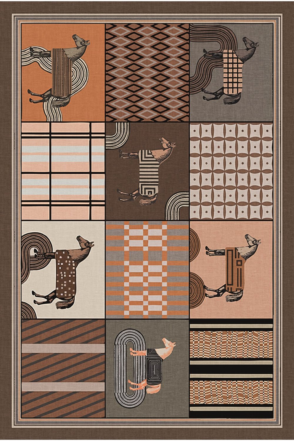 At Motifli Geometrik Patchwork Halı - Modern Etnik Kahverengi Salon Halısı