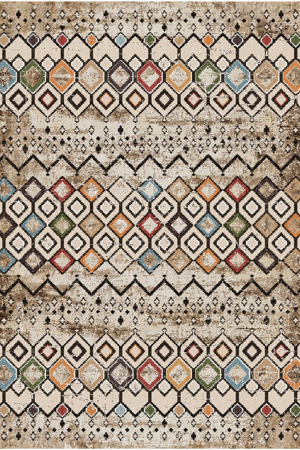 Bej Zeminli Renkli Baklava Desenli Etnik Modern Vintage Görünümlü Dekoratif Salon Halısı 2131