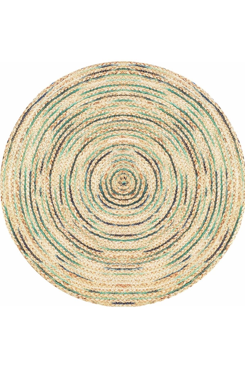 Boho 950 Jüt Rengi Ve Yeşil Desenli Örgü Yuvarlak Natural Çift Taraflı Halı