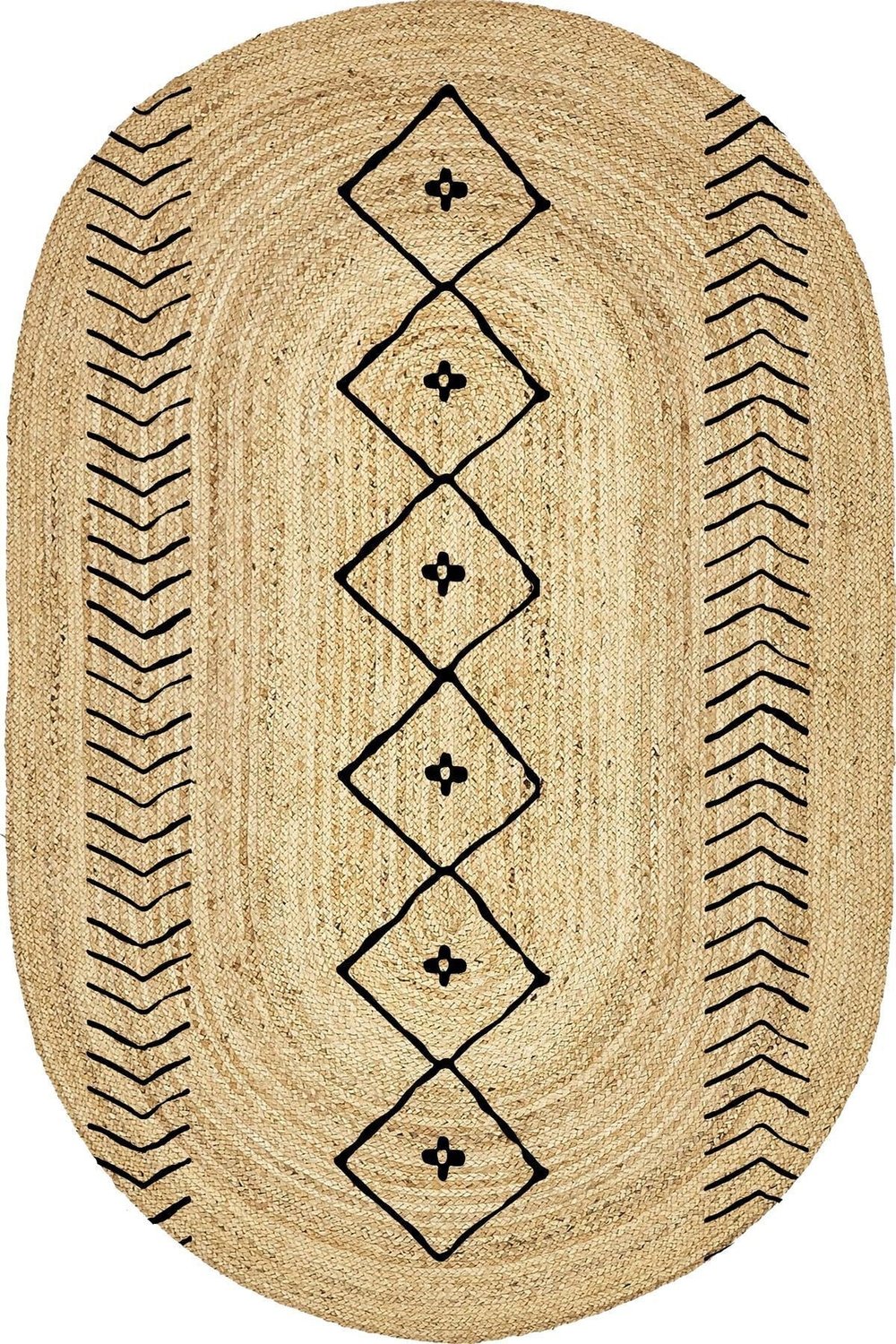 Boho 956 Oval Siyah Etnik Desenli Jüt Rengi Örgü Yuvarlak Natural Çift Taraflı Halı