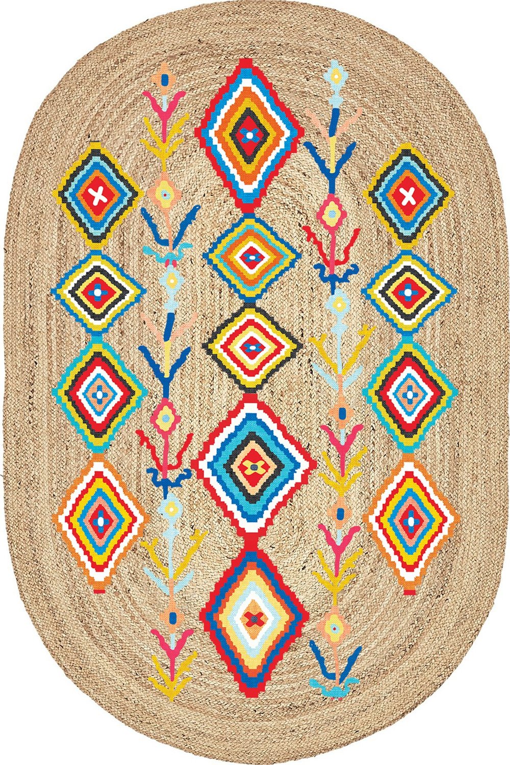 Boho 976 Jüt Hasır Etnik Desenli Oval Jüt Örme Doğal Hasır Natural Oval Halı