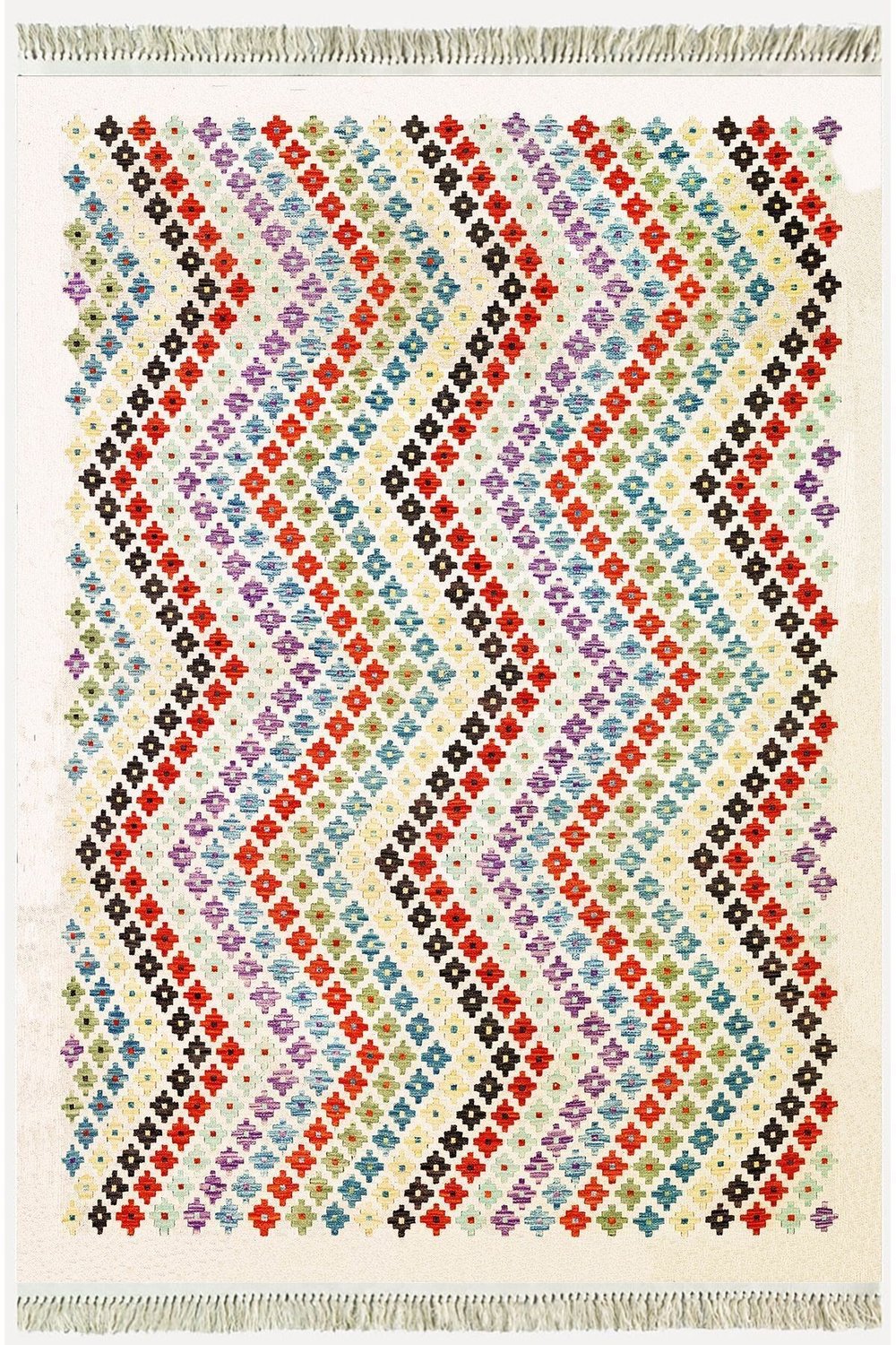 Cotton Kilim 28 Çok Renkli Geleneksel Motif Çizgili Desenli Dekoratif Yıkanabilen Dokuma Taban Kilim