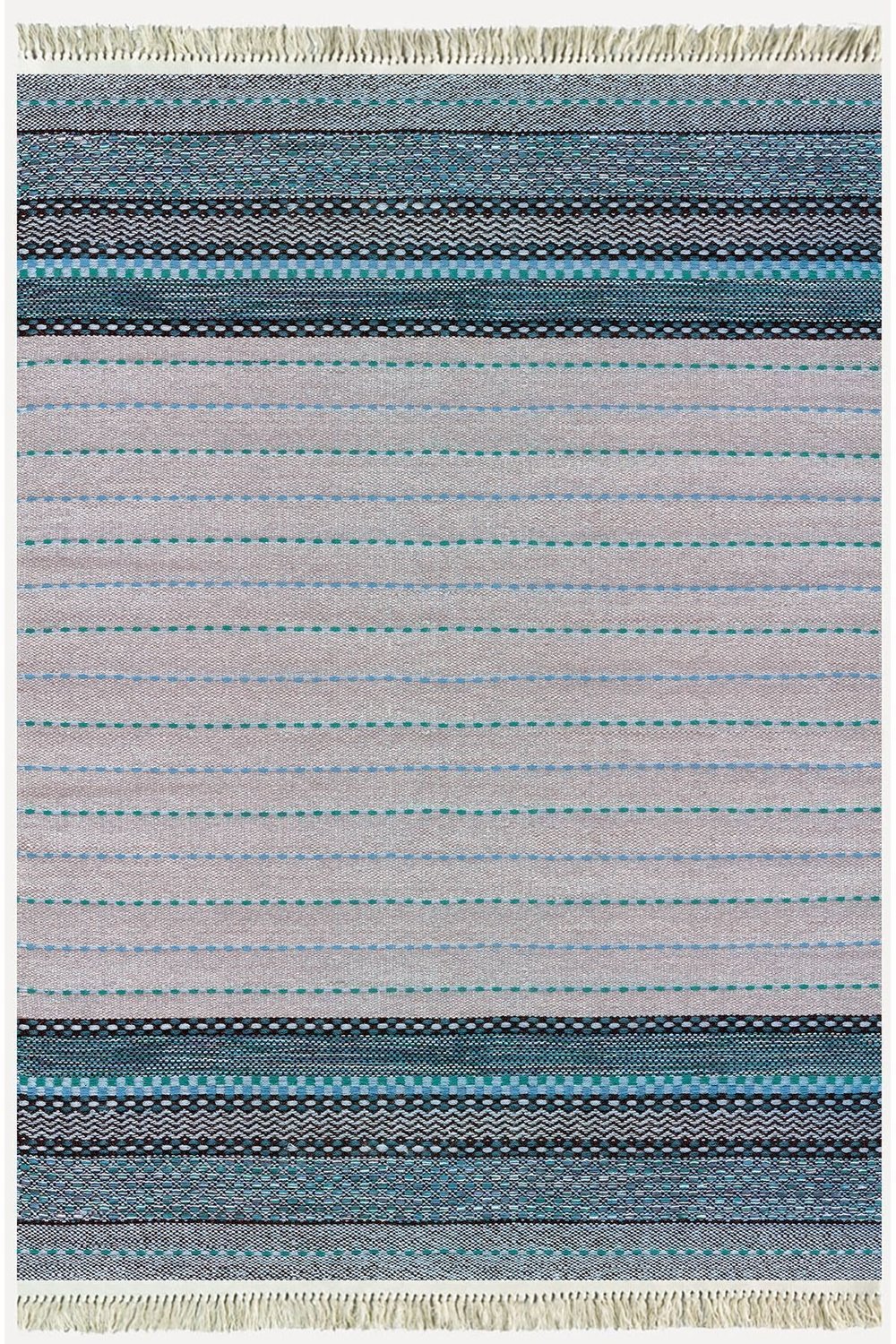 Cotton Kilim 52 Mavi Ve Gri Zeminli Geneleksel Motifler Modern Dekoratif Yıkanabilen Dokuma Kilim