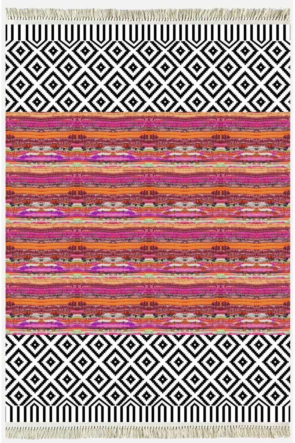 Cotton Kilim 53 Multy Geleneksel Motifler Modern Dekoratif Saçaklı Yıkanabilen Dokuma Kilim