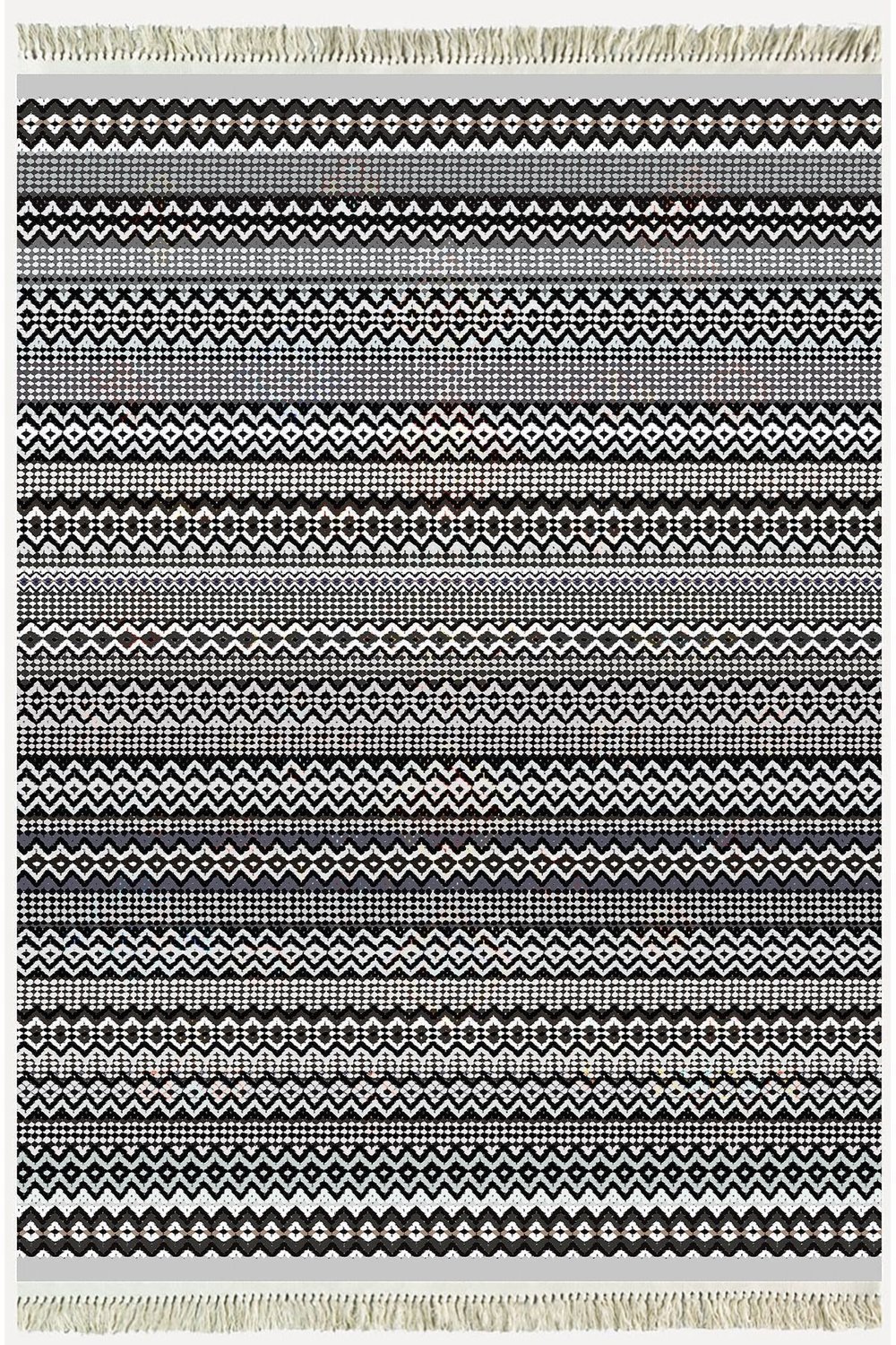 Cotton Kilim 56 Gri Desenli Geleneksel Motifler Modern Dekoratif Saçaklı Yıkanabilen Dokuma Kilim