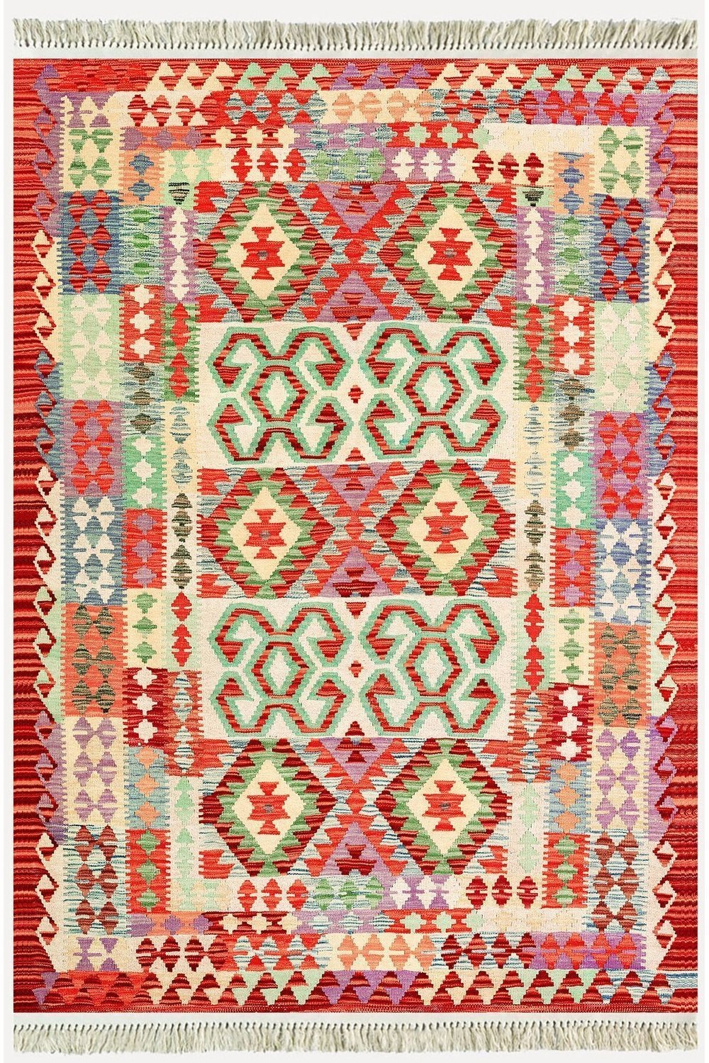 Cotton Kilim 57 Turuncu Geleneksel Motifler Modern Dekoratif Saçaklı Yıkanabilen Dokuma Kilim