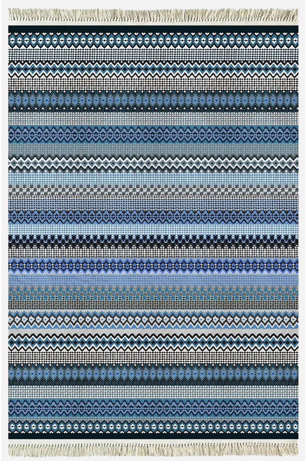 Cotton Kilim 6 Mavi Tonunda Geometrik Desenli Dekoratif Yıkanabilen Dokuma Taban Kilim