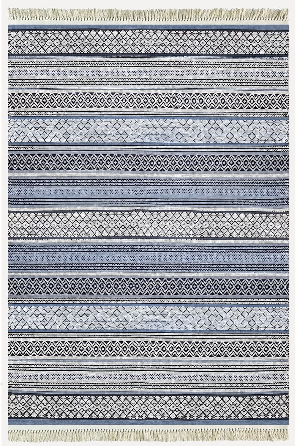 Cotton Kilim 9 Mavi Tonunda Geometrik Desenli Dekoratif Yıkanabilen Dokuma Taban Kilim